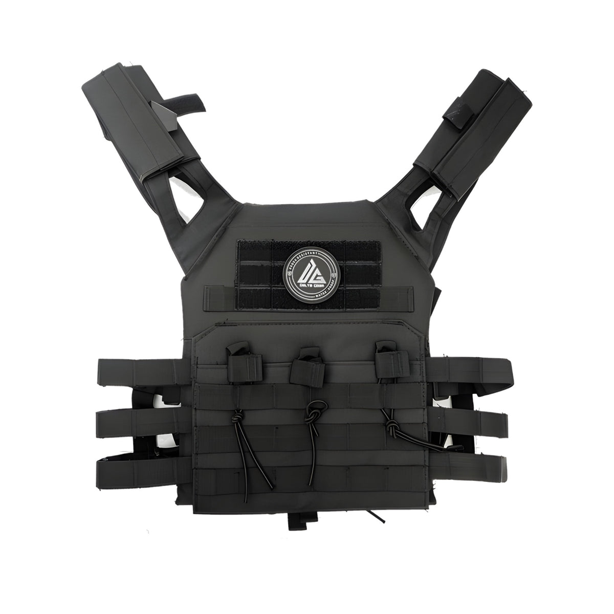 Chaleco táctico de nylon con porta tolvas, pad MOLLE y placa anti trauma EVA. Color negro.