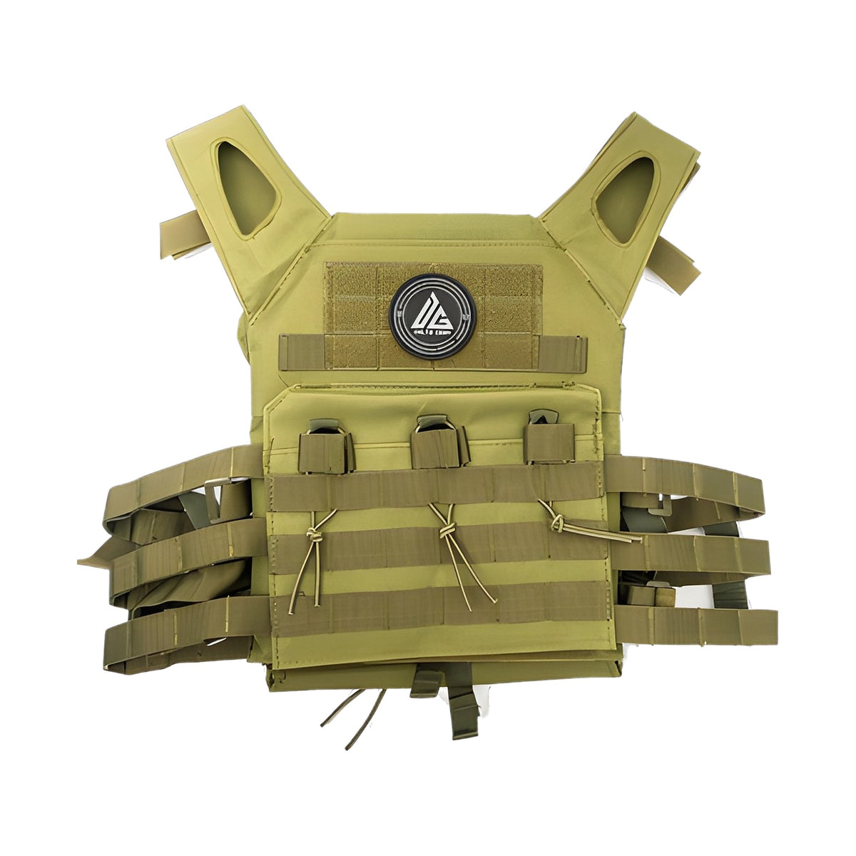Chaleco táctico de nylon con porta tolvas, pad MOLLE y placa anti trauma EVA. Verde militar.